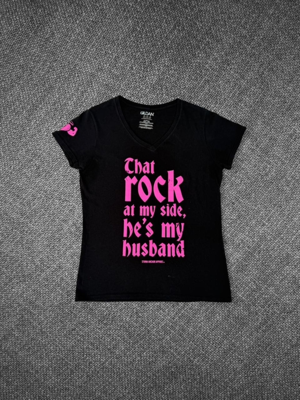 Gildan Black V-Neck Tee with Bright Pink Statement Print